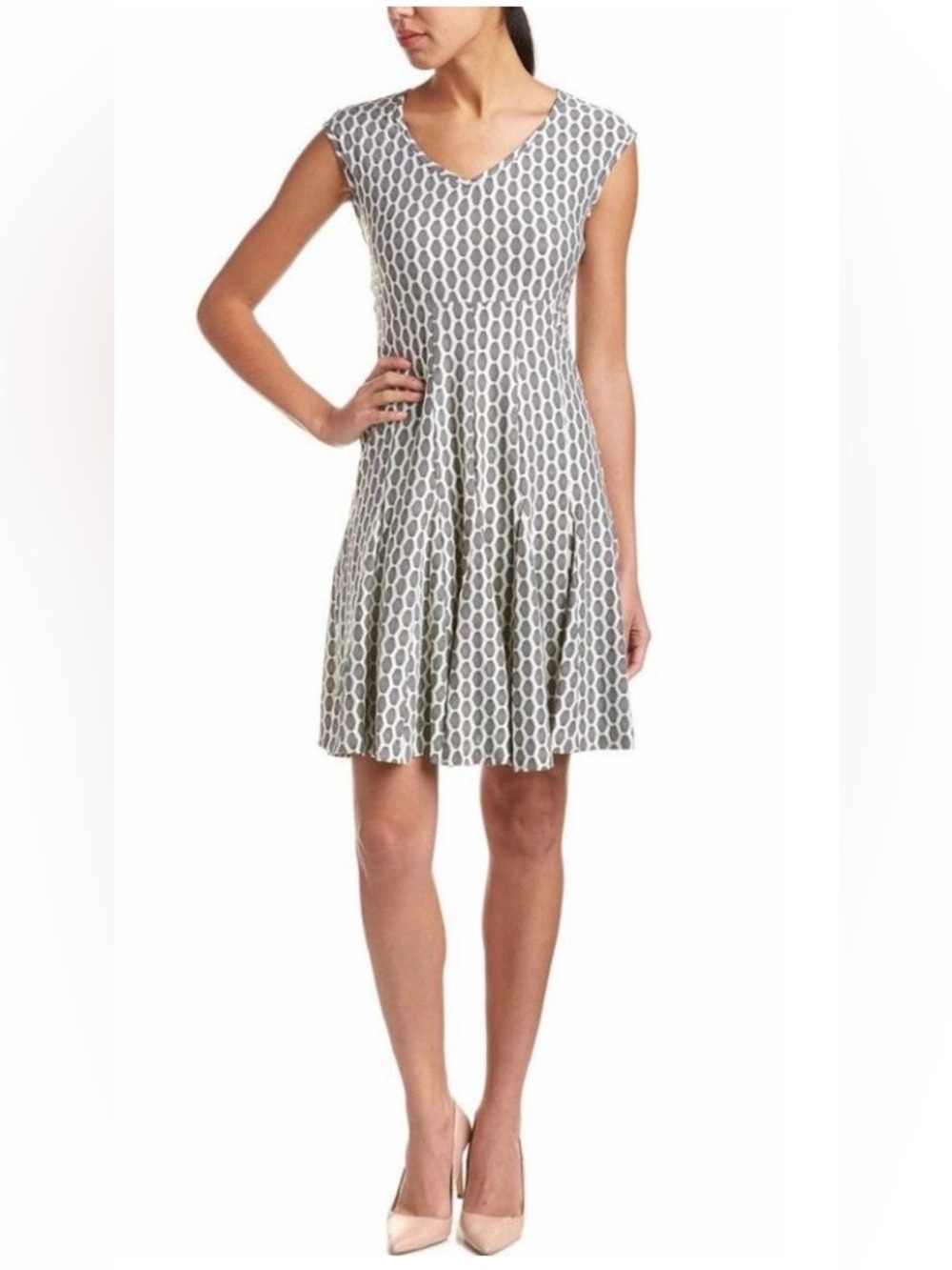 Just Taylor Fit and Flare Black and White Honeycomb Geometric Print Dress Office